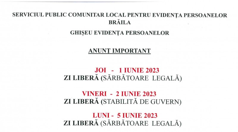 Anunt important - zile libere 1 iunie
